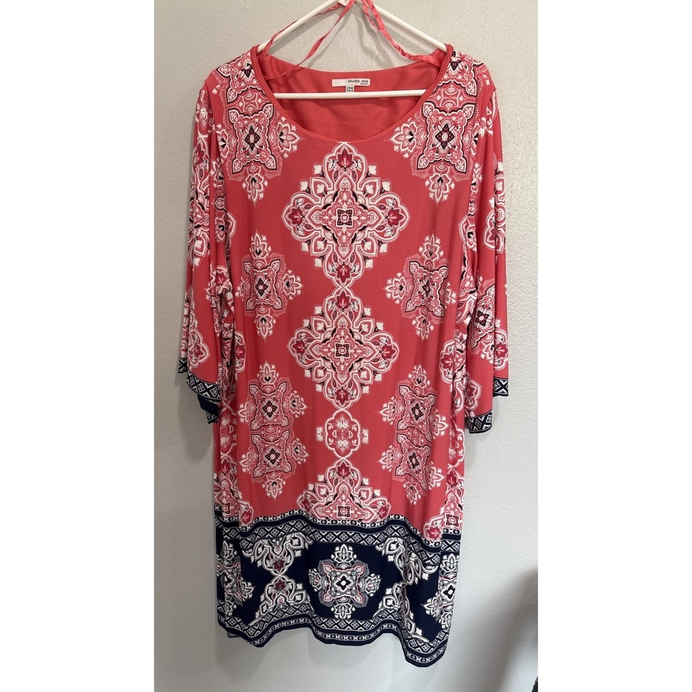 STUDIO ONE Womens Size 24 Coral Blue Paisley Dress Stylish Comfort Work Wedding